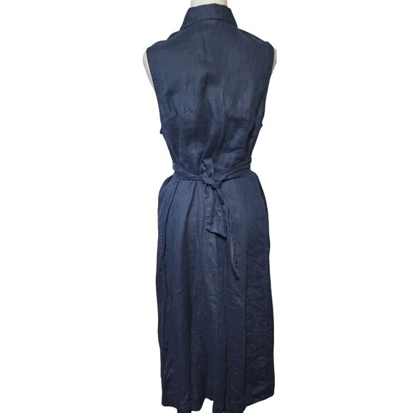 J.Jill Linen Navy Sleeveless Button-Down Midi Dress W/ Tie Belt & Pockets Size M - Picture 3 of 8